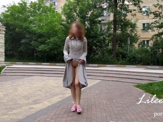 Crazy exhibitionist naked walks around the city. No panties, risky.