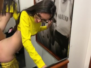 Risky public sex in the fitting room of a fitness store (cum in mouth)